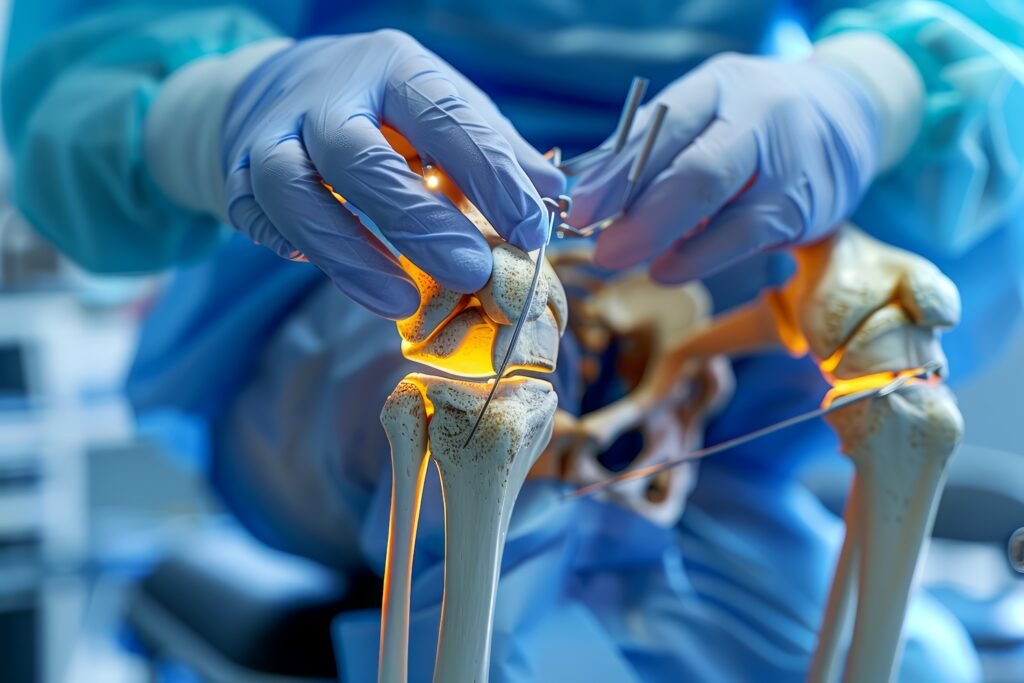 surgeon performing intricate knee ligament surgery operating room with advanced medical equipment